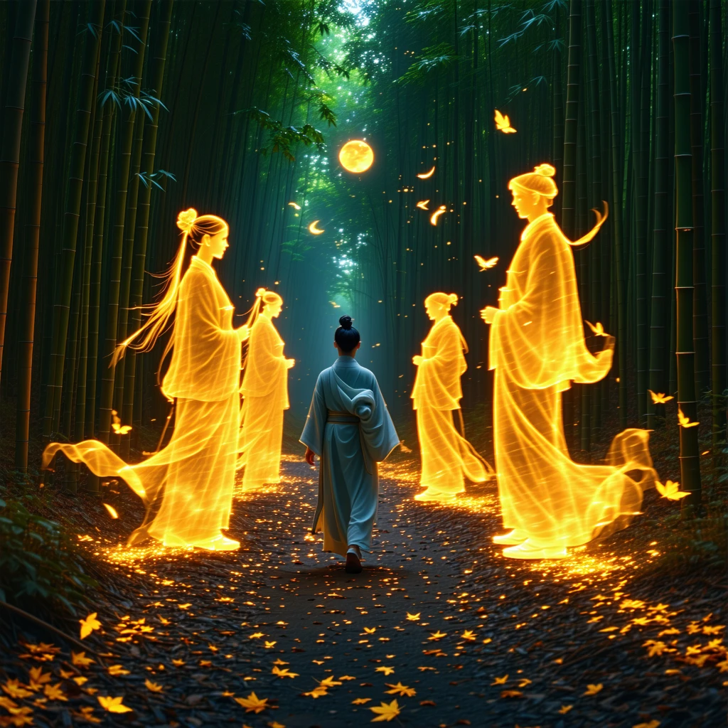A person walking alongside the four glowing silhouettes through a serene bamboo forest, golden leaves swirling around, symbolic of rising luck and prosperity.