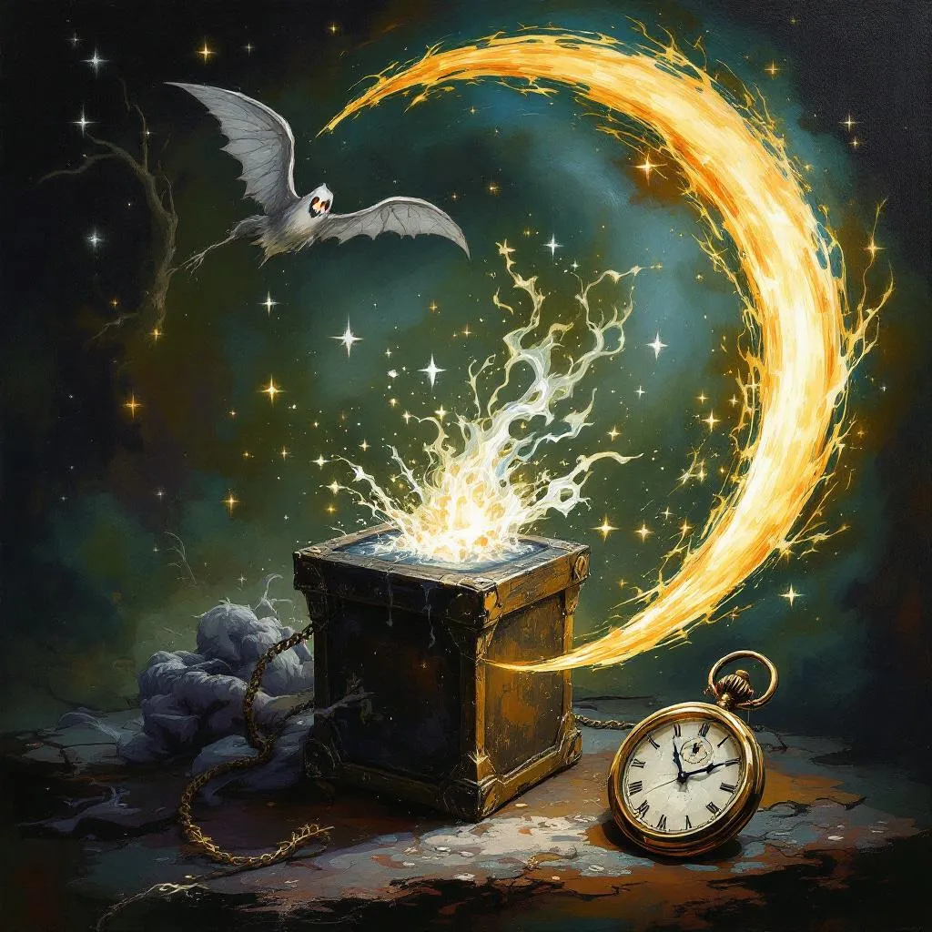 crescent blade and pocketwatch, spooky, magic box, painting