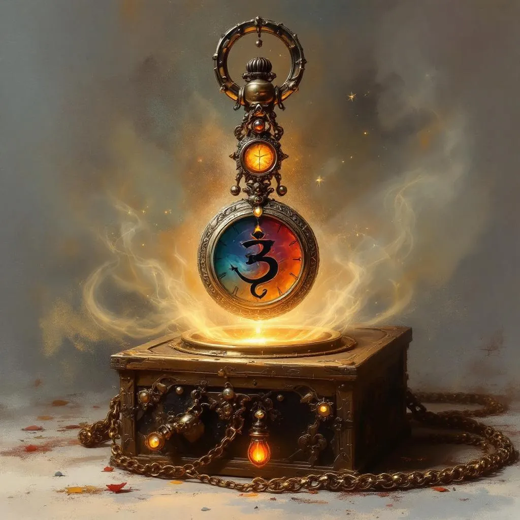 chakram and pocketwatch with magic box, painting