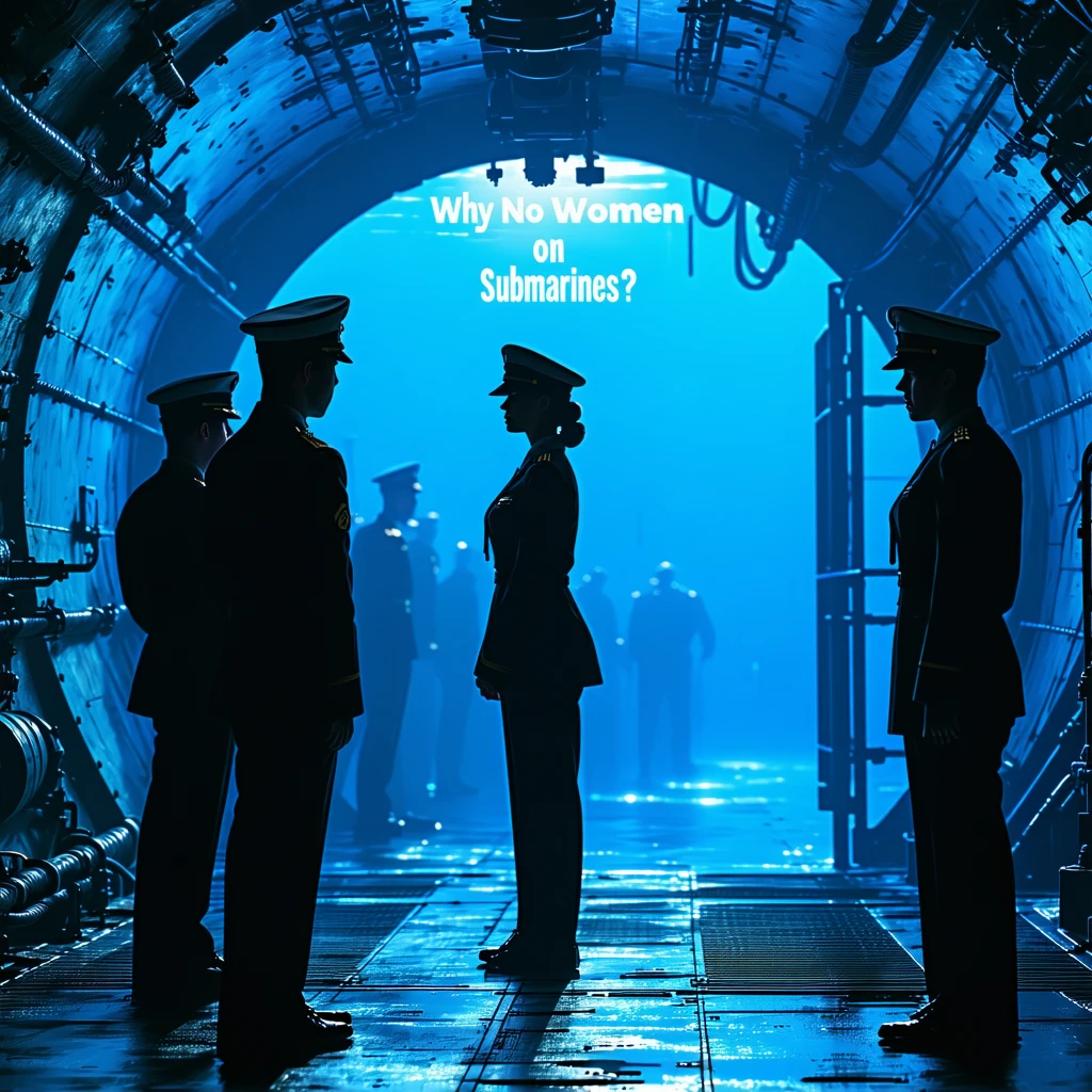 A realistic scene of a modern submarine interior — tight metal corridors with dim blue lighting, a serious female naval officer in a dark navy uniform standing at the entrance, looking determined but isolated — behind her, silhouettes of male sailors working — overlaid bold text: 'Why No Women on Submarines?' — style of a military documentary, 16:9 aspect ratio, high contrast, cinematic lighting."

Style Tags: realistic, documentary, military, submarine interior, cinematic