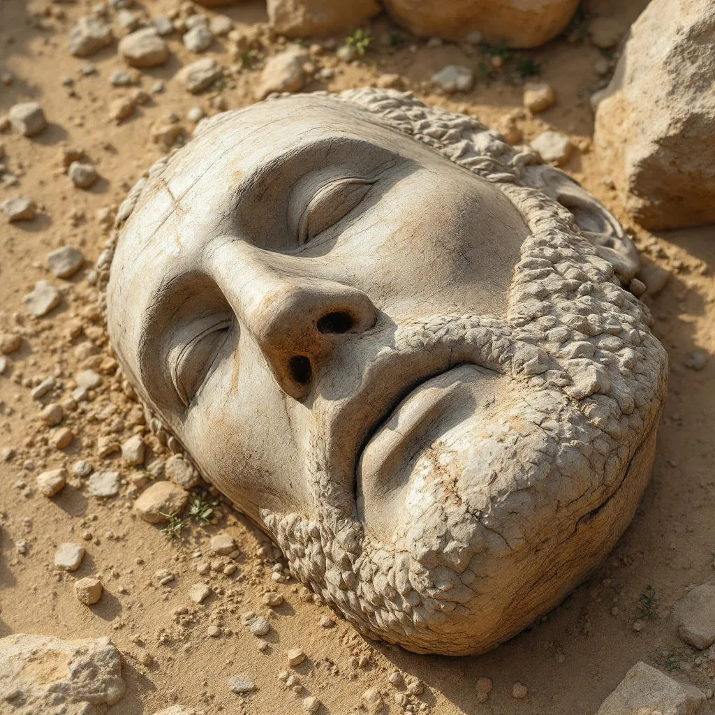 Close-up realistic image of a giant stone head (Zeus or Antiochus) lying sideways on dry, rocky ground. Dust and erosion marks are visible on the surface. The surrounding area is barren, with small stones and sparse vegetation. Overhead light is soft and natural. No fantasy, strictly archaeological realism.