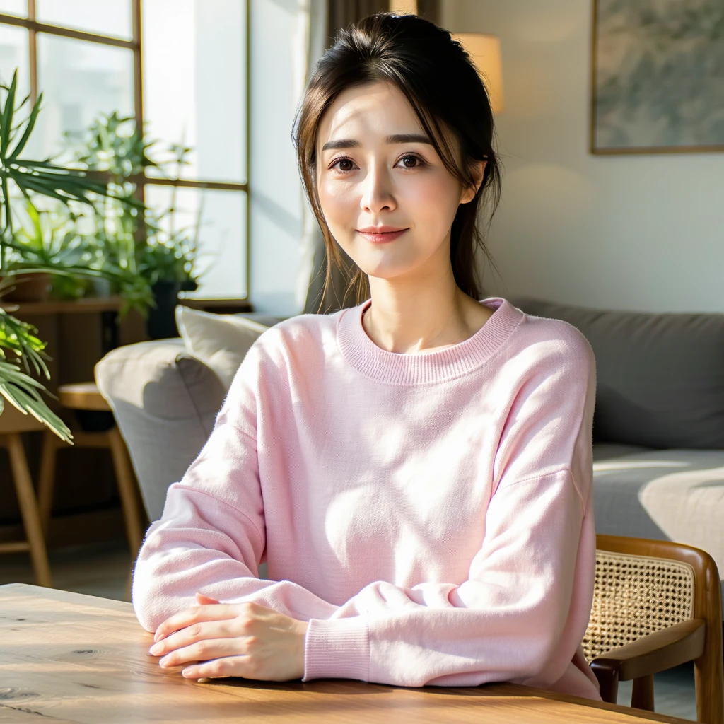 A high-resolution photograph features a young East Asian woman in her thirties seated at a wooden table in a sunlit living room. She confidently looks at the camera, her neatly pulled-back hair and comfortable pastel pink sweater complementing the serene ambiance created by the natural light, neutral-colored walls, and soft furnishings like the plants, sofa, and floor lamp around her.