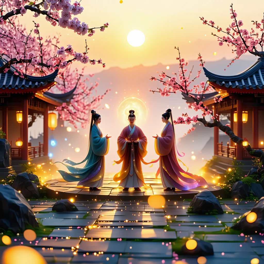 A peaceful Taoist courtyard under golden sunrise, four human silhouettes glowing faintly with different auras, standing in a harmonious circle with gentle wind passing through cherry blossoms. cinematic