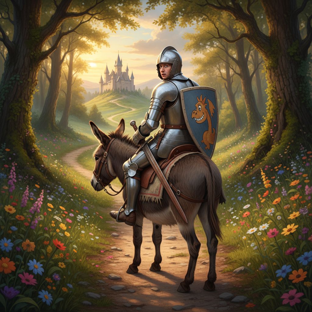 A knight wearing an armor is sitting atop a donkey backwards.