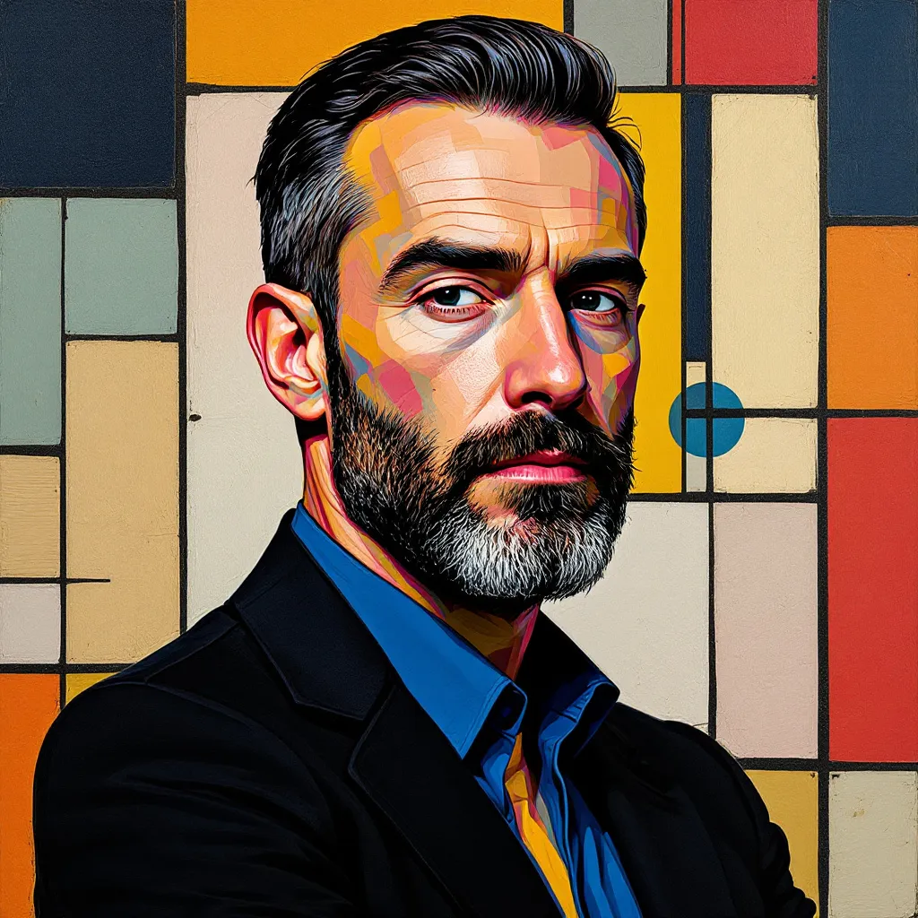 Portrait Photo of a man, Piet Mondrian style, gaudy colors