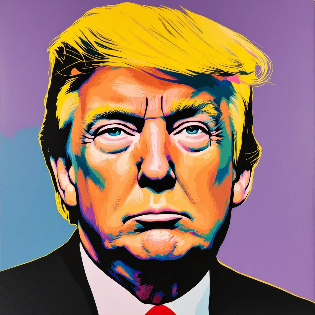 Donald Trump portrait in Andy Warhol Style, serious look, looking away from the camera.