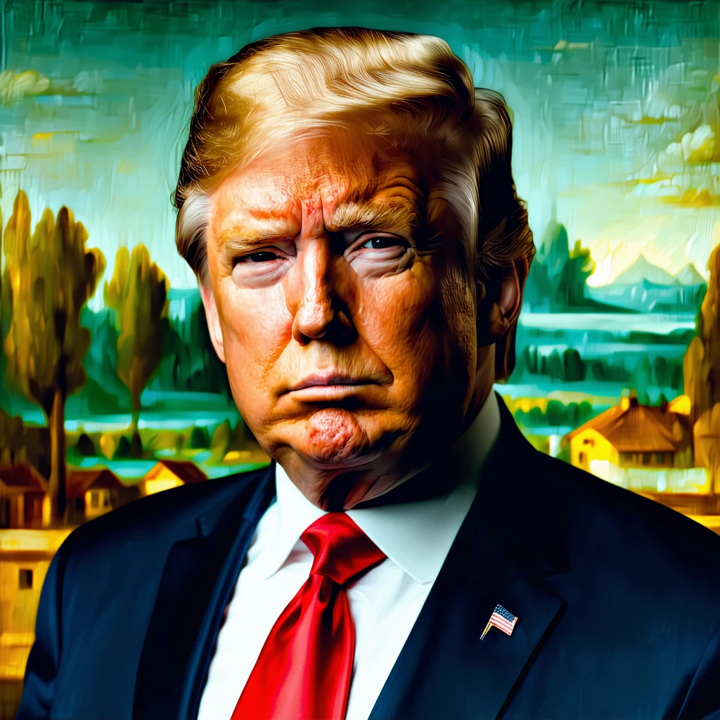 Donald Trump portrait in Monalisa Style, serious look, looking away from the camera.