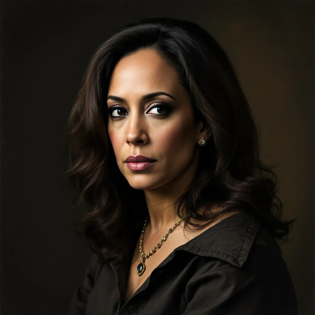 Kamala Harris portrait in Leonardo Da Vinci Style, serious look, looking away from the camera.