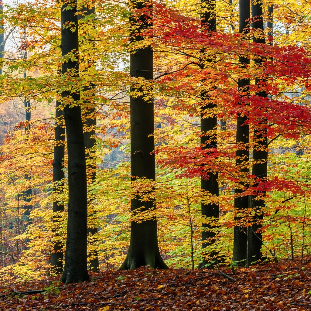 A forest in fall, various colors associated with fall season