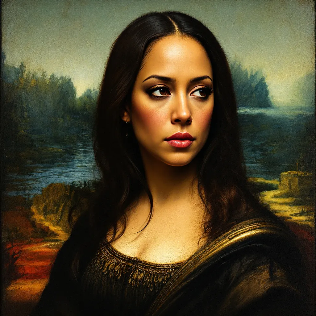 Kamala Harris portrait in Monalisa Style, serious look, looking away from the camera.