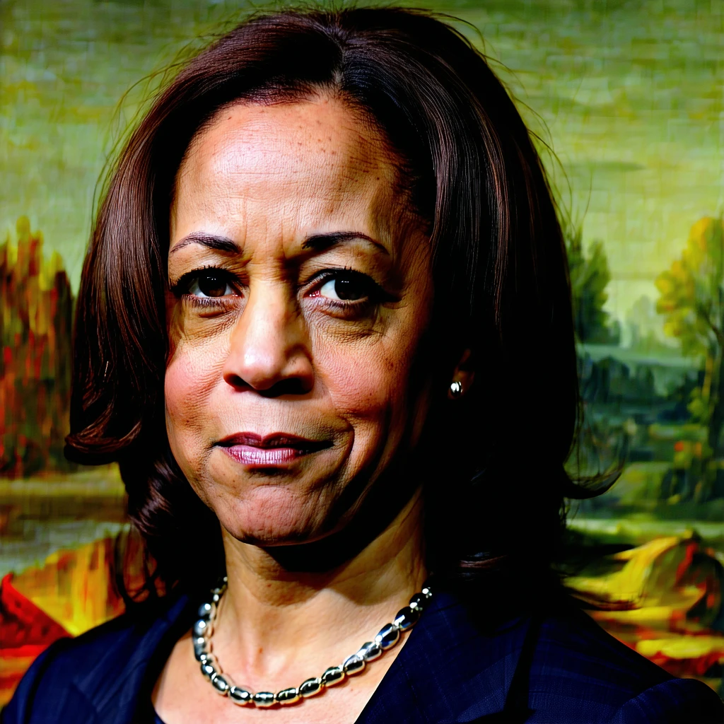 Kamala Harris portrait in Monalisa Style, serious look, looking away from the camera.