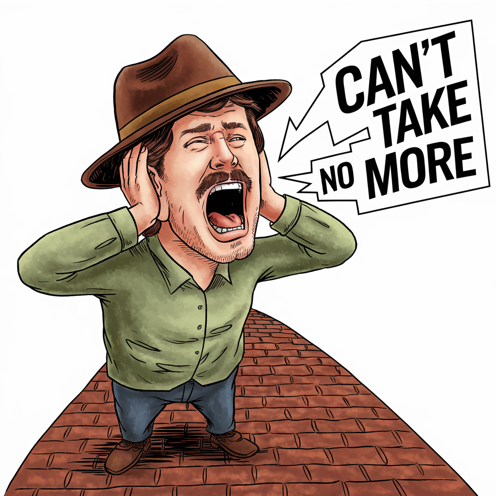 An illustration of a person holding his ears and shouting out loud. The text "Can't Take No More" should come out of his mouth.